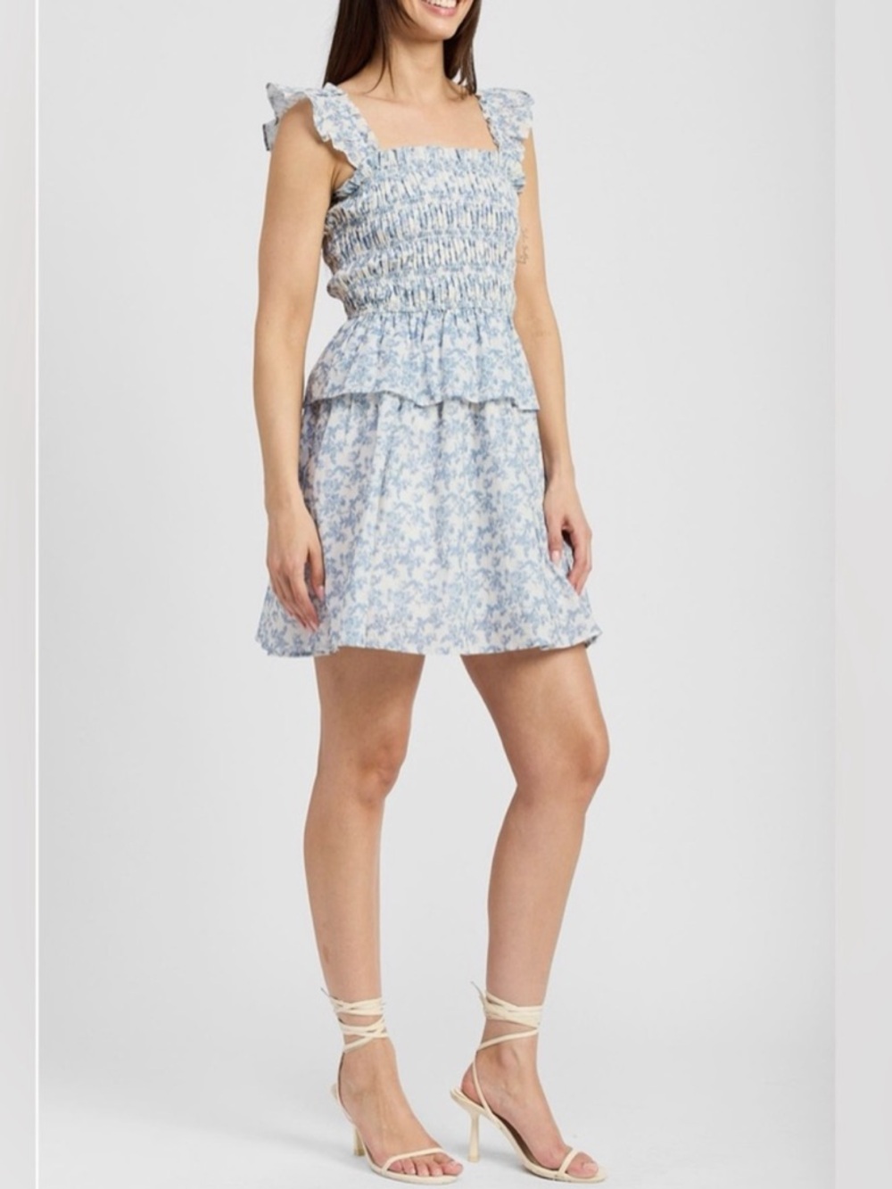 En Saison Ruffle Smocked Cotton Blue Floral Mini Dress size Small - Picture 2 of 9